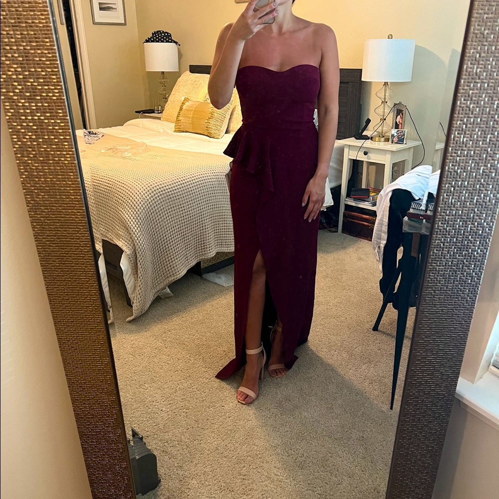 Burgundy strapless evening gown